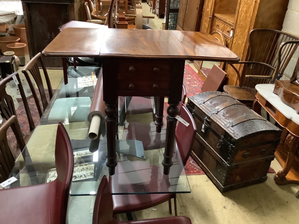 A Victorian mahogany drop flap work table, width 50cm, depth 38cm, height 66cm